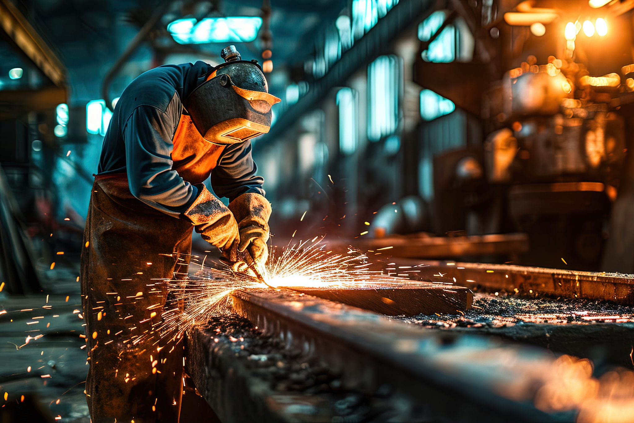 Hard working man on steel plant.